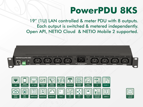 پاور ماژول Netio دارای 8 پورت C13 با قابلیت Metered مدل PowerPDU 8KS